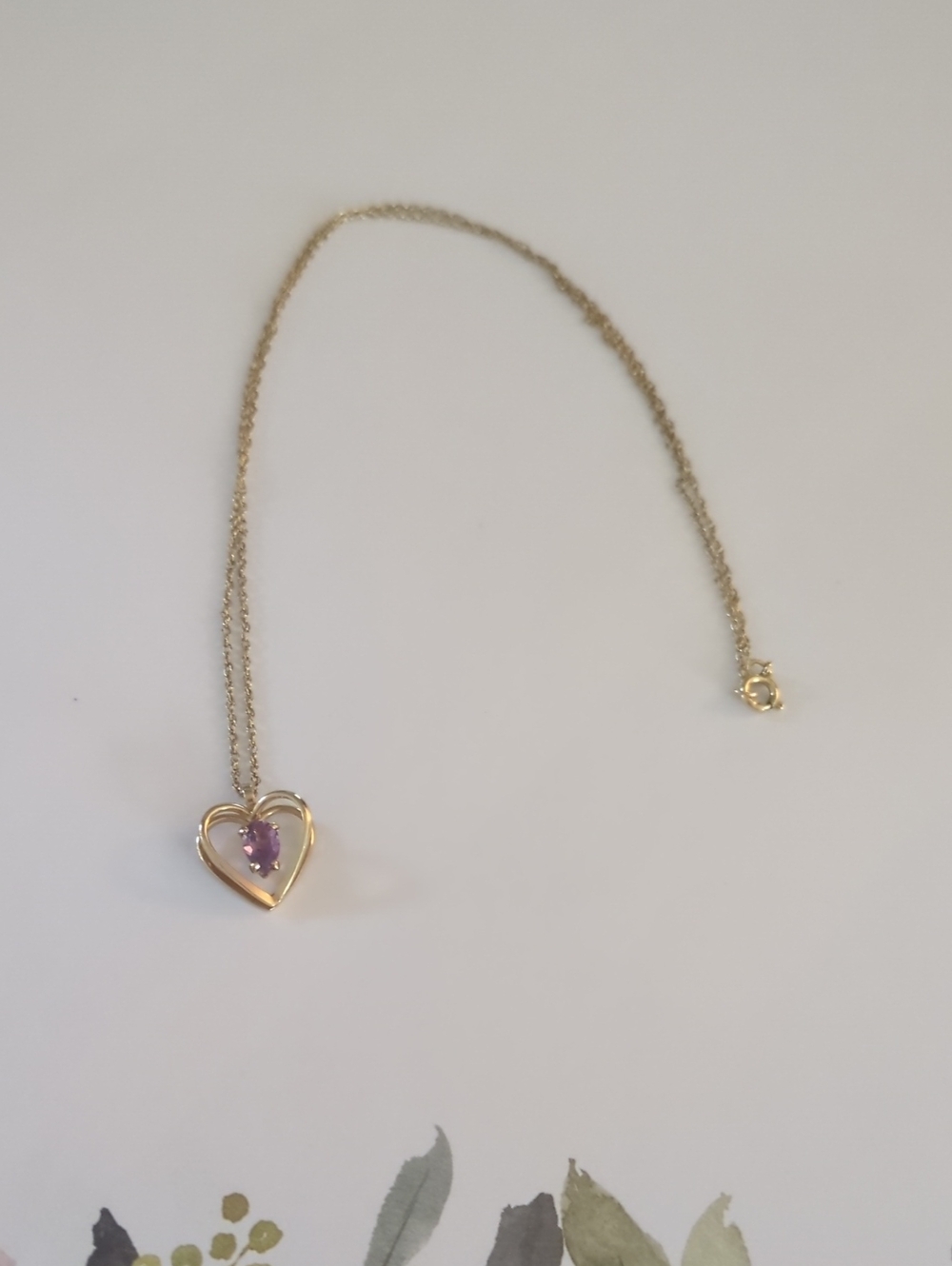14k Gold Heart Pendant Necklace with Purple Stone